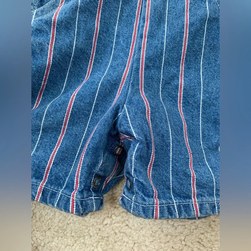Vintage OshKosh Size 18 Months Racing Pinstripe Denim Shortalls Bib Overalls